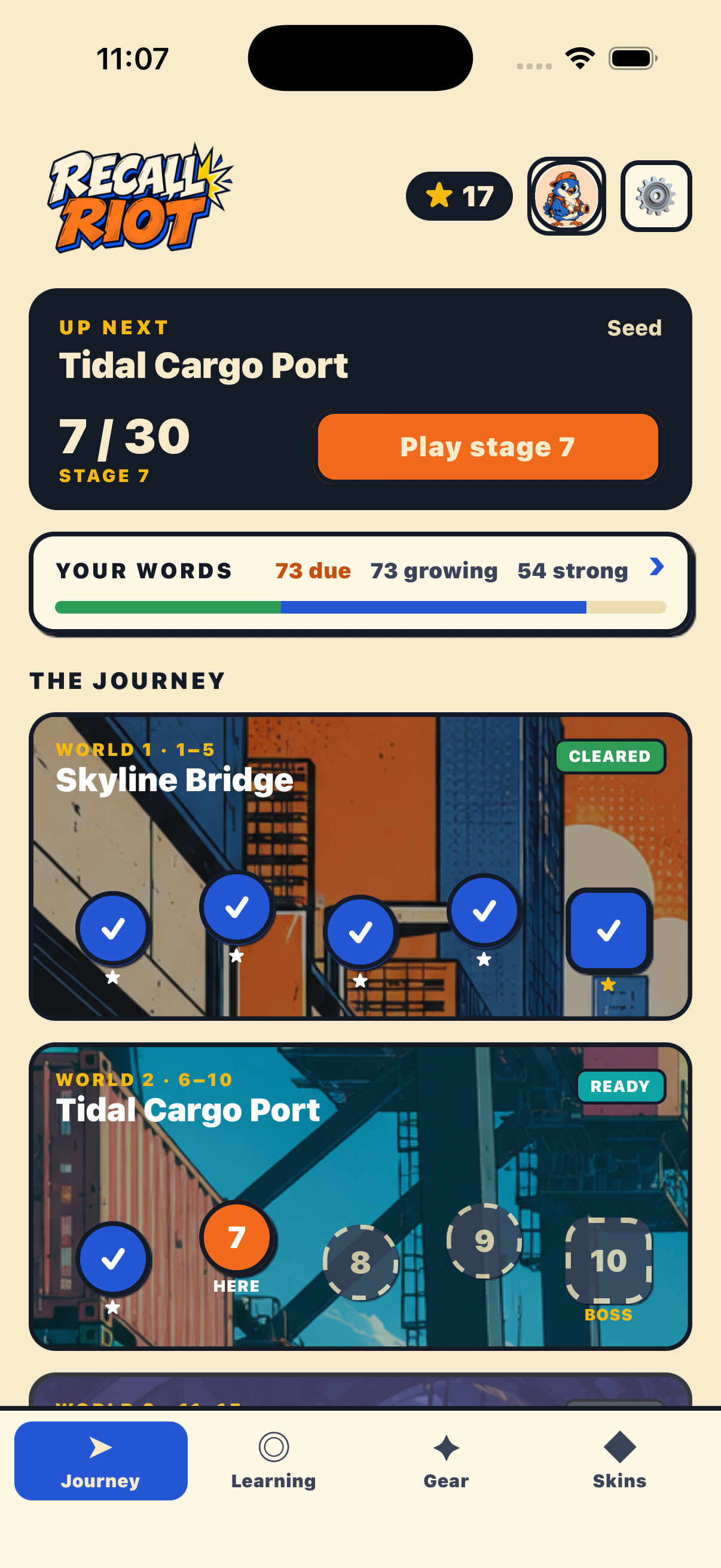 Recall Riot journey showing worlds, stages, stars, and word progress
